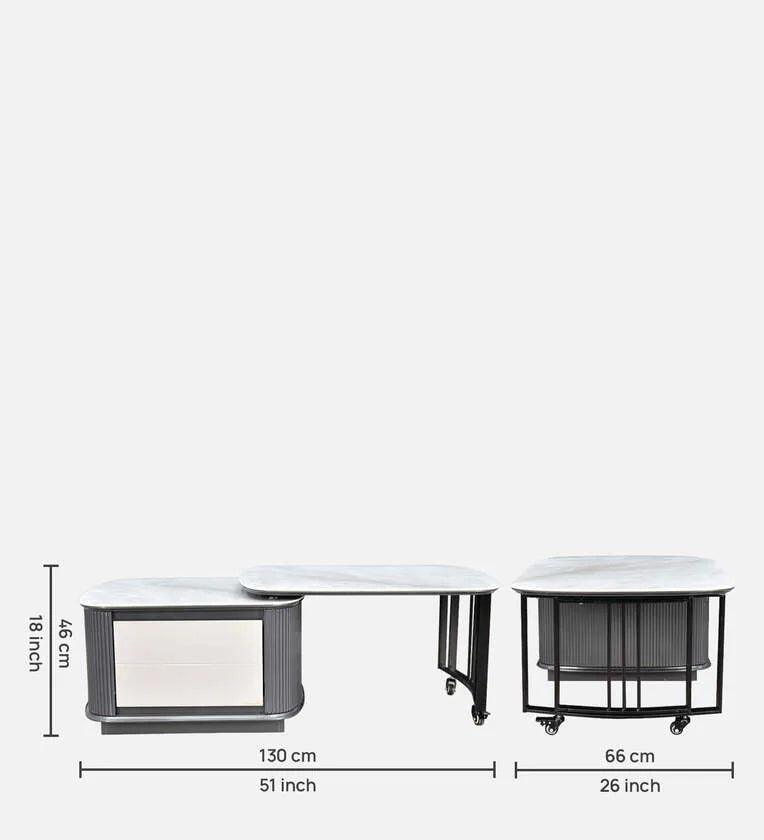Marble Top Coffee Table in Grey Colour With Rotateable Top & 2 Pouffes - Ouch Cart 