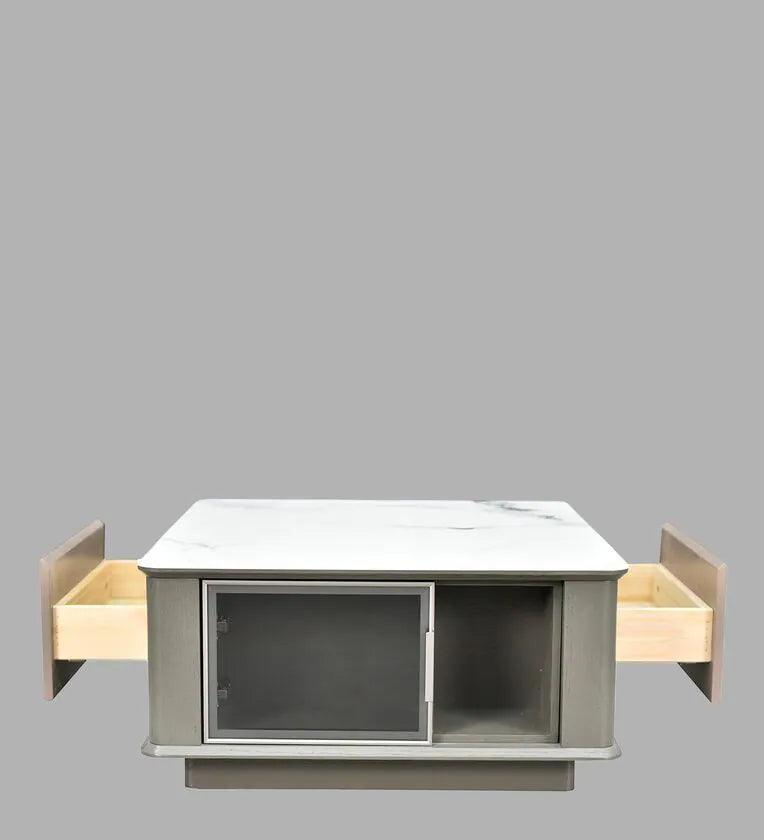 Marble Coffee Table in White And Grey Colour With Drawers - Ouch Cart 