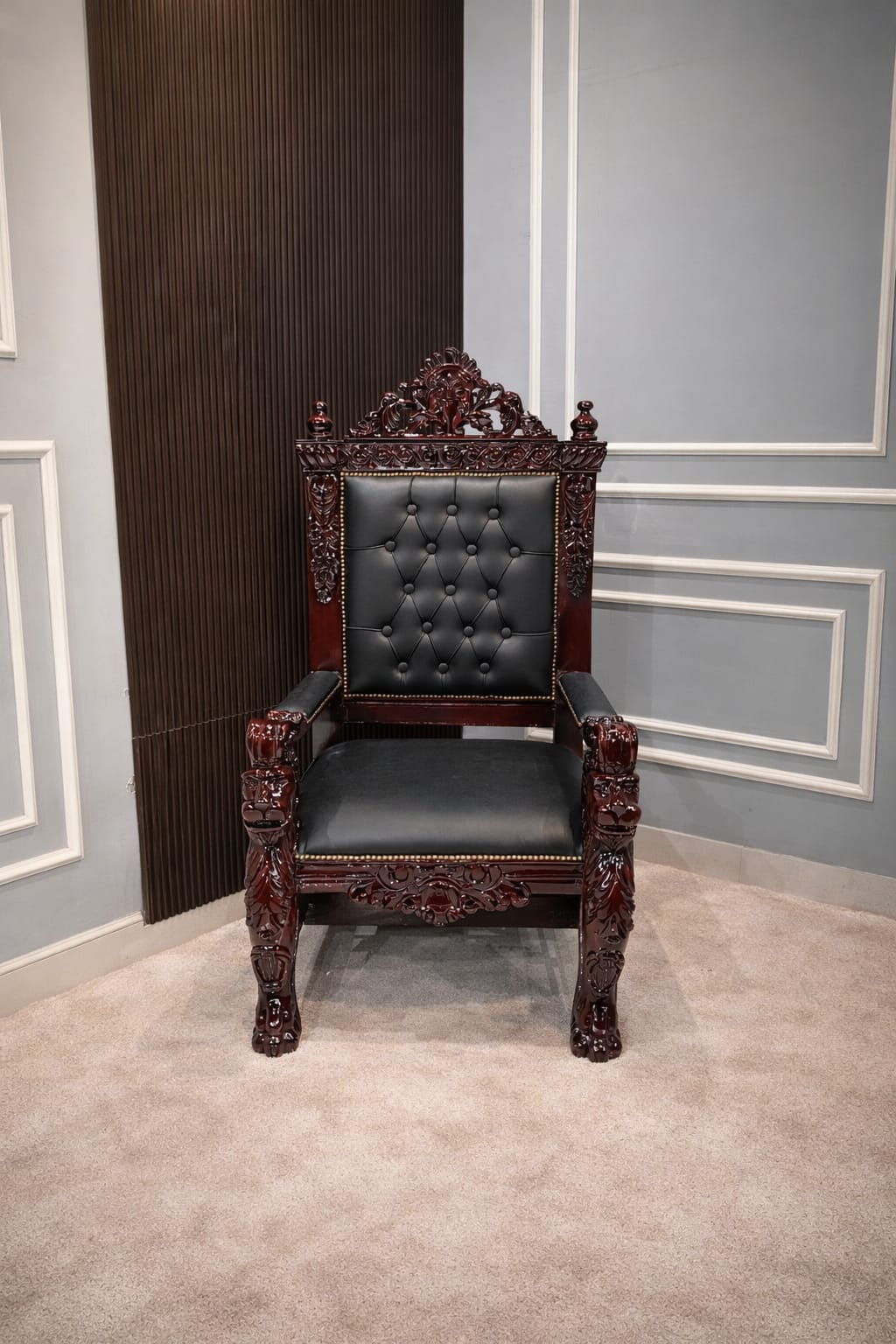 Ouch Cart Royal Carved Wooden Throne Chair – Luxury Tufted Leather Accent Armchair with Lion Head Design
