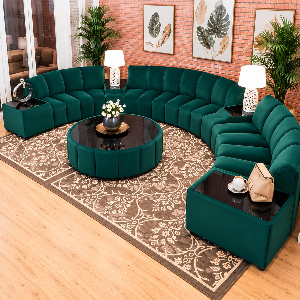 Luxury Emerald Green Velvet Curved Sectional Sofa Set with Round Coffee Table | Modern U-Shaped Modular Sofa for Living Room