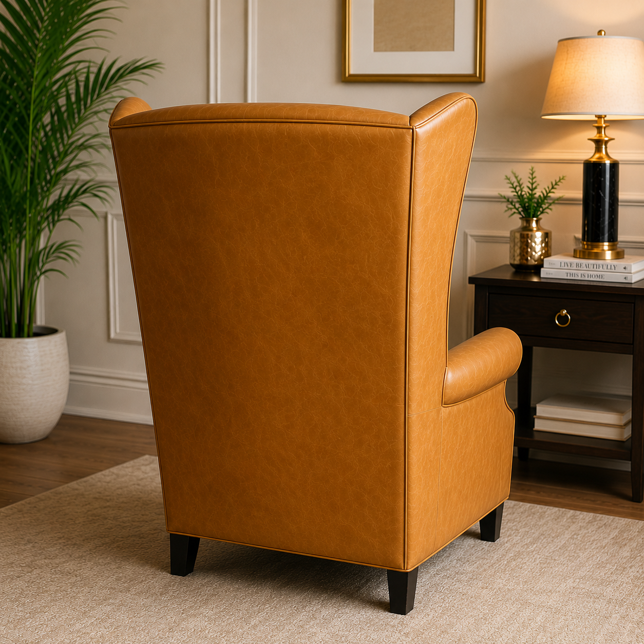 ufted High Back Accent Chair with Rolled Arms | Tan Leather Upholstered Reading Chair