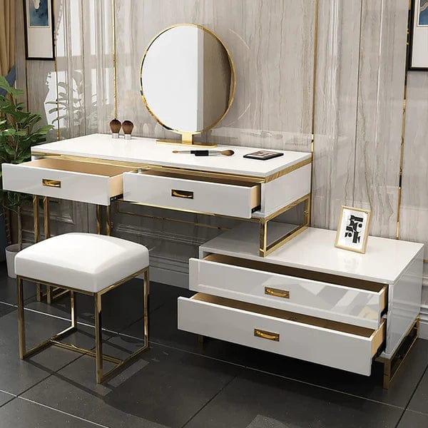 Jose White Makeup Vanity Expandable Dressing Table with Cabinet Mirror & Stool Included Vanity Desk with Mirror and Stool, Makeup Vanity Desk Dressing Table with 4 Drawers, Storage, Side Chest, Girls Vanity Table Set with Cushioned Stool for Bedroom - Ouch Cart 