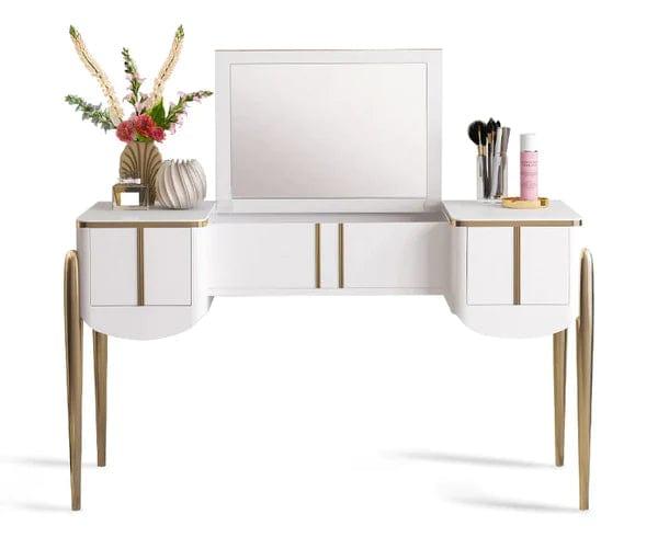 Juan White Makeup Vanity Expandable Dressing Table with Cabinet with Chair, Vanity Table Set with Mirror, Medium Density Fiberboard Modern Makeup Vanity Dressing Desk with 2 Drawers and One Shelves - Ouch Cart 