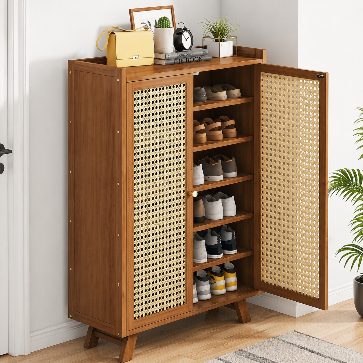 Modern Solid Wood Shoe Cabinet with Angled Legs | Mid-Century Wooden Shoe Storage Organizer | Scandinavian Entryway Shoe Rack