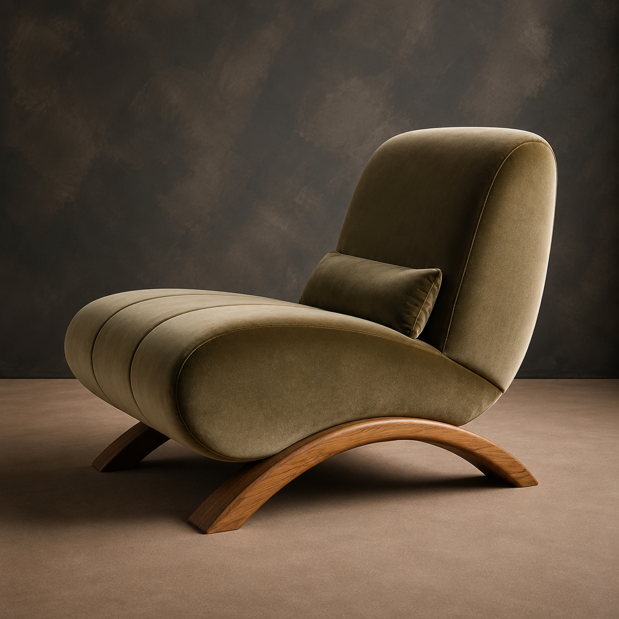 Modern Olive Green Velvet Accent Chair with Curved Wooden Base | Ouch Cart