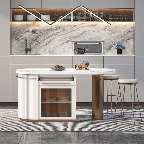 Rowena White Kitchen Island Modern Faux Marble Large Kitchen Cabinet with Storage - Ouch Cart 