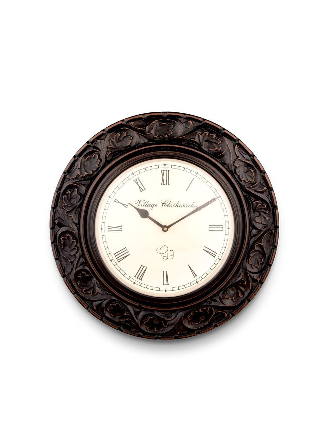 Round Wooden Flower Carved 16 Inches Wall Clock - Ouch Cart 