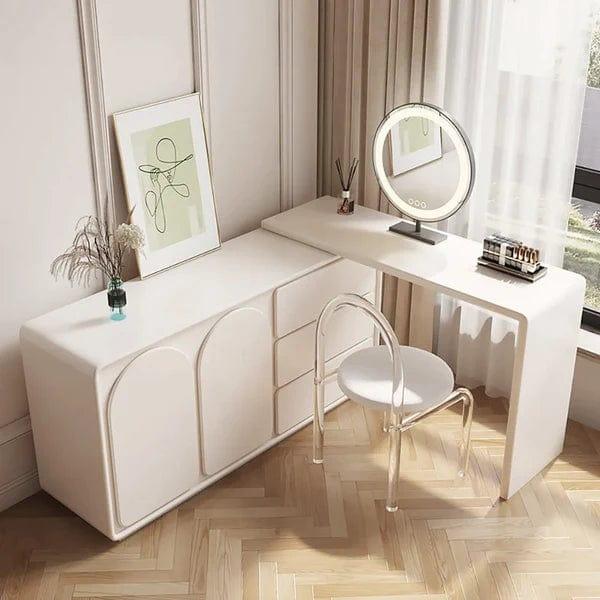 Cristobal White Makeup Vanity Retractable Dressing Table Beauty Station with 3 Drawers, Vanity Dressing Table with 4 Drawers, Lighting Adjustable Brightness, Large Vanity Table Set for Bedroom - Ouch Cart 