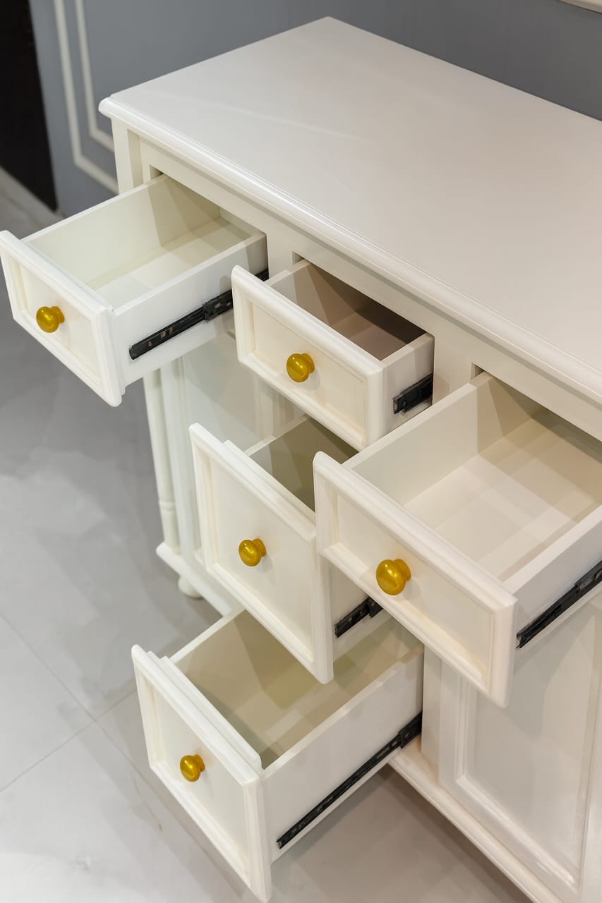 Elegant White Wooden Storage Cabinet with Drawers & Doors | Modern Console Sideboard