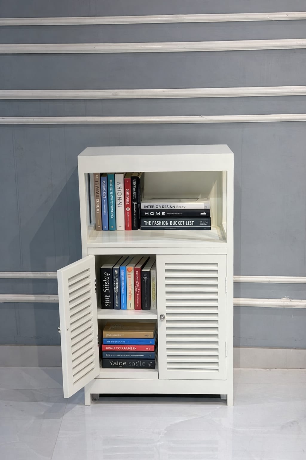 Modern White Wooden Storage Cabinet with Louvered Doors | Compact Console & Utility Unit