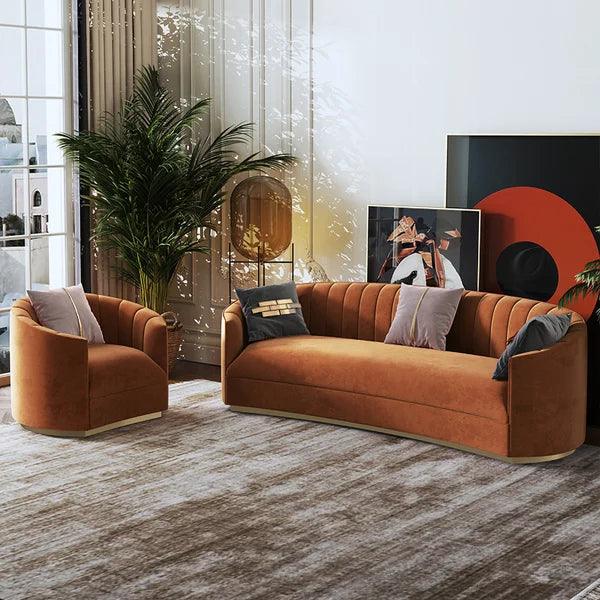 Modern Velvet Couch Curved Sofa in Orange with Stainless Steel Base - Ouch Cart 