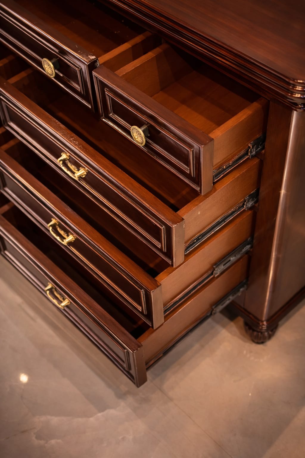 Classic Dark Wood Chest of Drawers with Brass Handles | Elegant Storage Cabinet