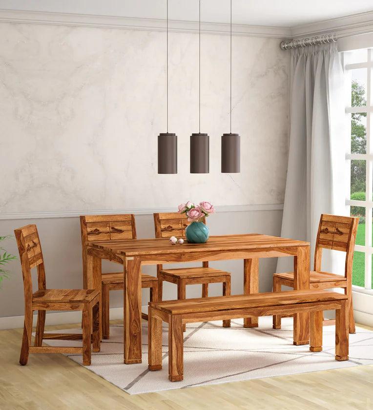 Solid Wood 6 Seater Dining Set in Beige Finish with Bench - Ouch Cart 