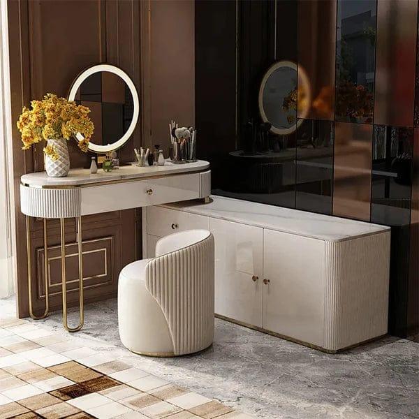 Javiera Modern Marble Top Makeup Vanity Dressing Table with Corner Cabinet, Modern Vanity Desk, Makeup Vanity with LED Mirror and 4 Spacious Drawers, Makeup Desk with Cabinet, Dressing Table with Silent Drawer Slides - Ouch Cart 