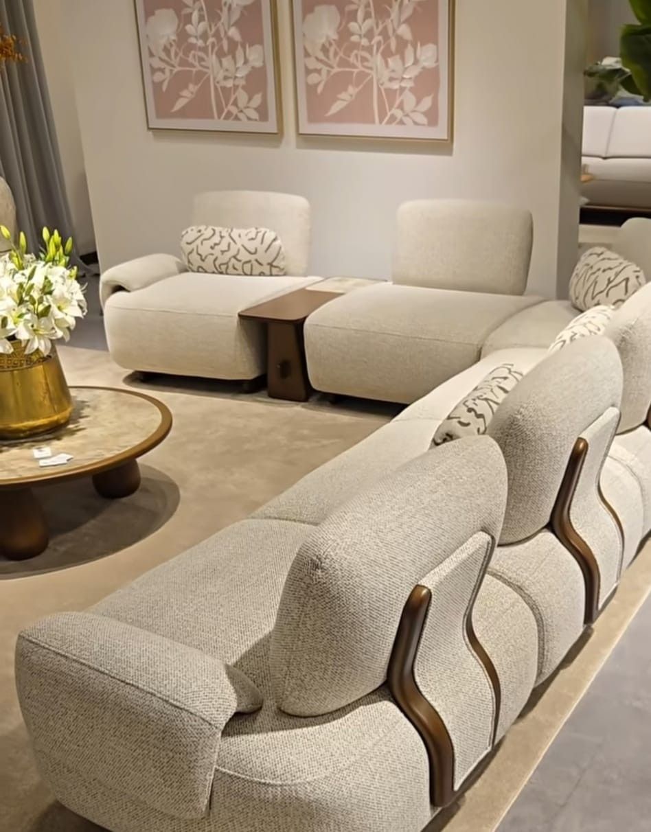 Modern Modular Bouclé Sofa Set with Wooden Side Table | Luxury Cream Fabric Living Room Sofa