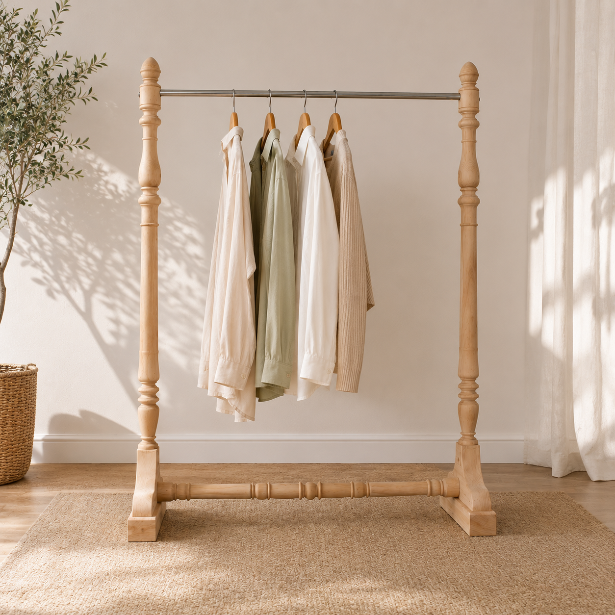 Ouch Cart Wooden Clothes Rack | Freestanding Garment Stand with Hanging Rod for Bedroom