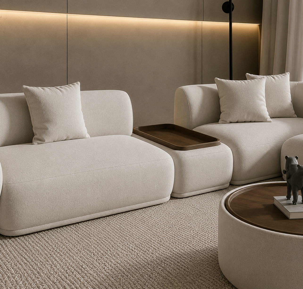 Ouch Cart Modern Curved Modular Sectional Sofa with Wooden Side Tray | Luxury Bouclé Upholstered L-Shaped Sofa Set for Living Room | Minimalist Contemporary Couch, Cream White