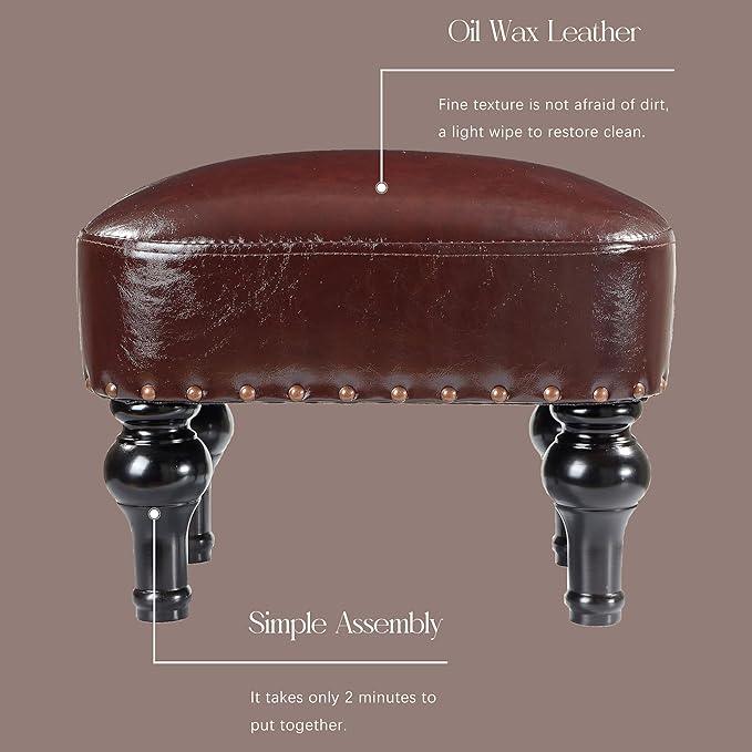 Leather Foot Rest with Thicker Foam Padded Seat, Footstool with Wooden Legs (Brown) - Ouch Cart 