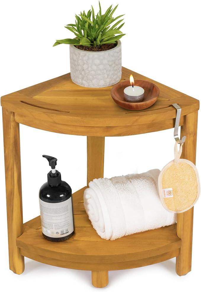 Teak Color Natural Solid Acacia Wood Corner Shower -Stool 12" x 12" x 17.2" - for Shower Corner, Shaving Legs, Guest Room - Ouch Cart 