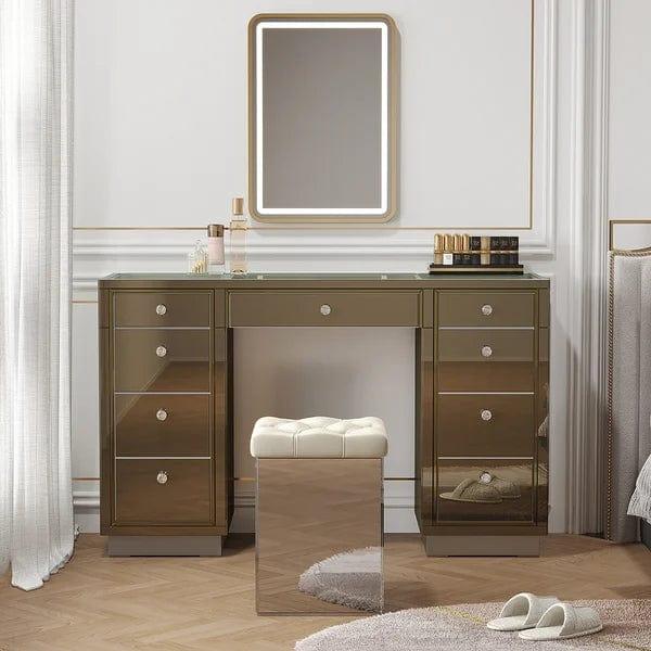 Oscar Mirrored Makeup Vanity Set 9-Drawer Dressing Table with Glass Top & Jewelry Storage with Desk and Stool Makeup Vanity Table - Ouch Cart 