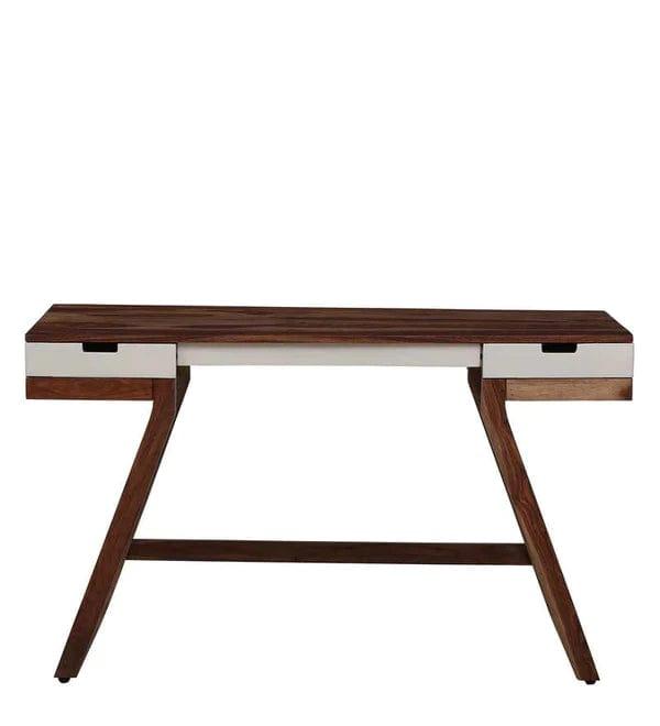 Veeti Solid Wood Study Table in White on Rustic Teak Finish - Ouch Cart 