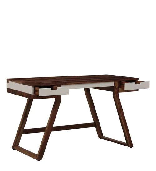 Merve Wood Study Table in White on Rustic Teak Finish - Ouch Cart 