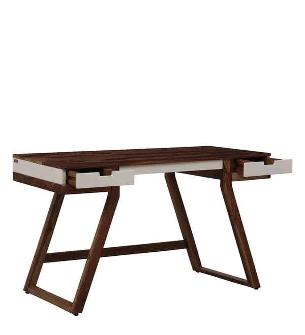 Veeti Solid Wood Study Table in White on Rustic Teak Finish - Ouch Cart 