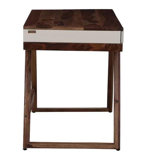 Merve Wood Study Table in White on Rustic Teak Finish - Ouch Cart 