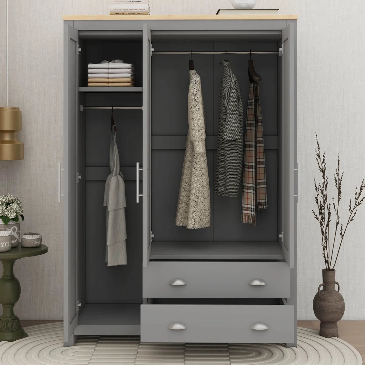 3 Doors Armoire Wardrobe Closet With 2 Drawers, 2 Hanging Rods And Shelves