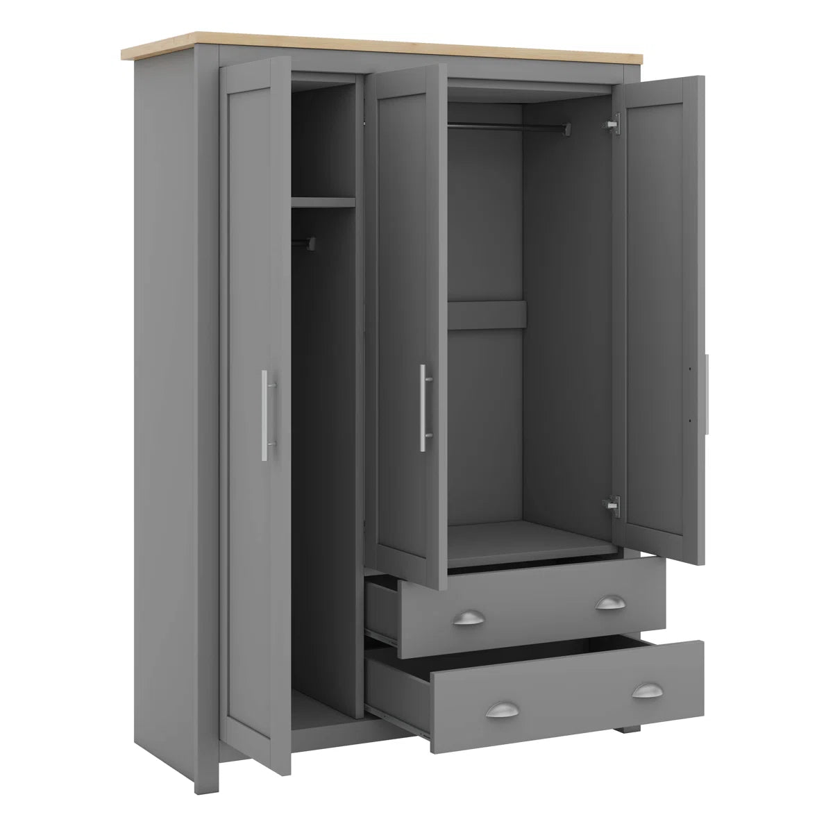 3 Doors Armoire Wardrobe Closet With 2 Drawers, 2 Hanging Rods And Shelves
