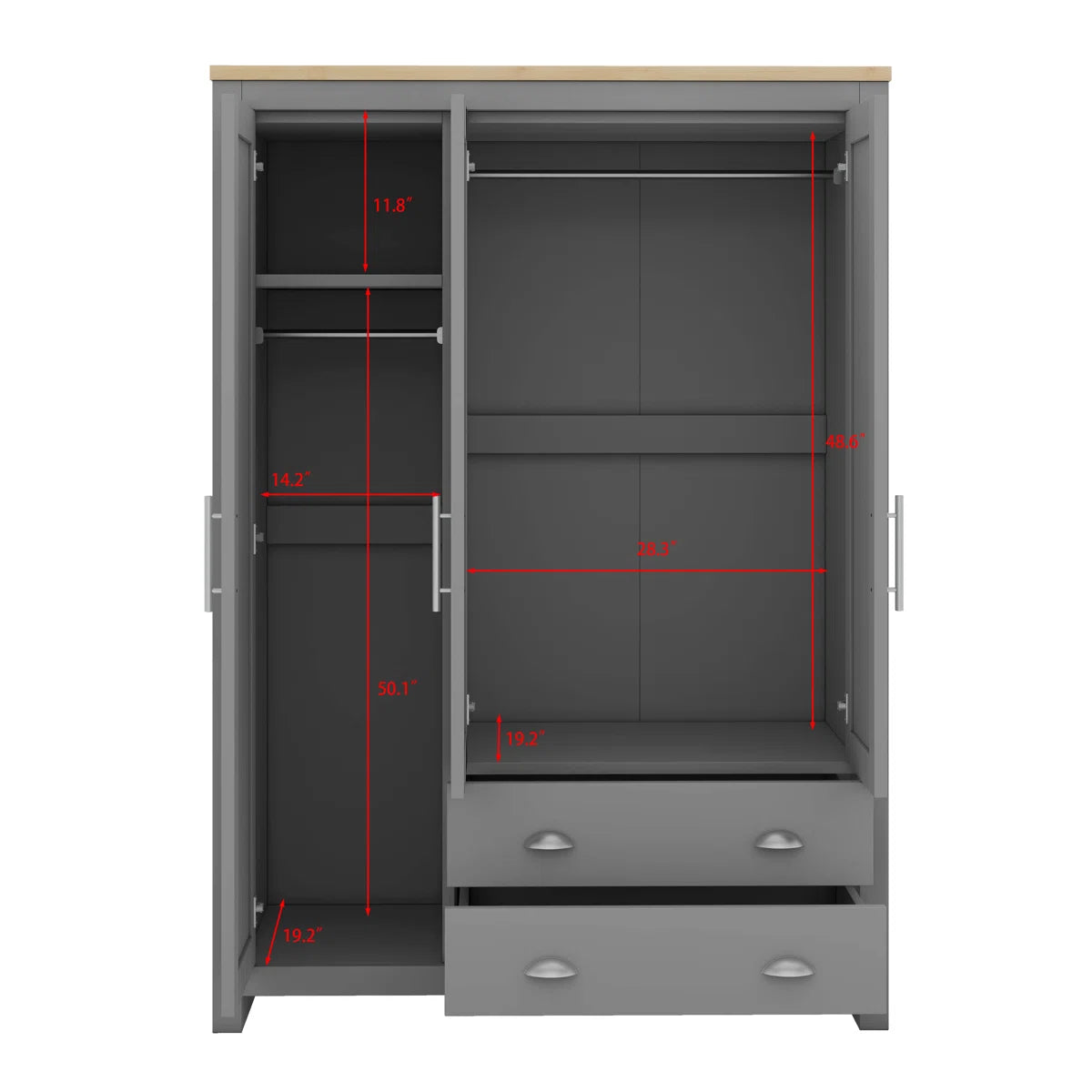3 Doors Armoire Wardrobe Closet With 2 Drawers, 2 Hanging Rods And Shelves