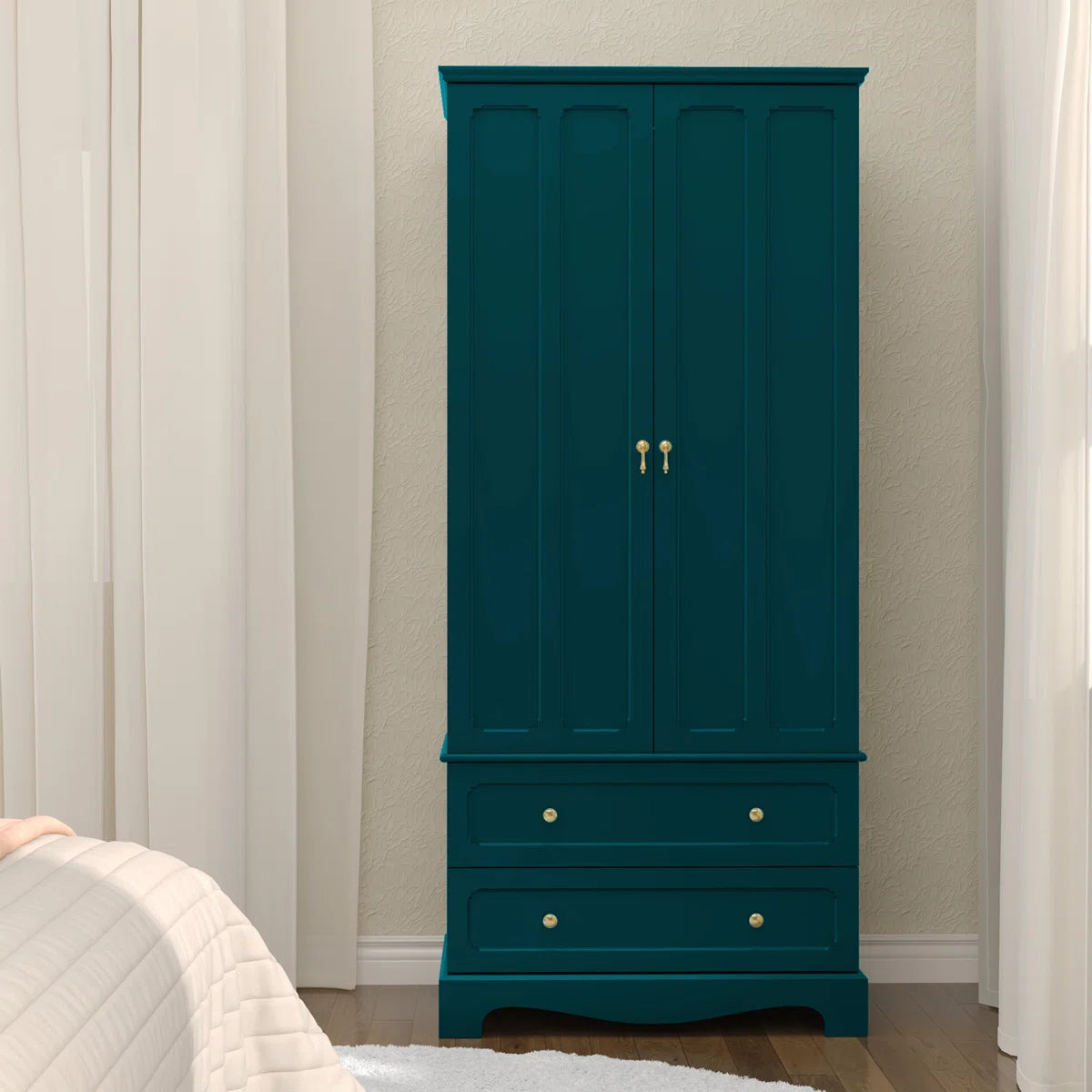 Freestanding Wooden Wardrobe Armoire with 2 Drawers