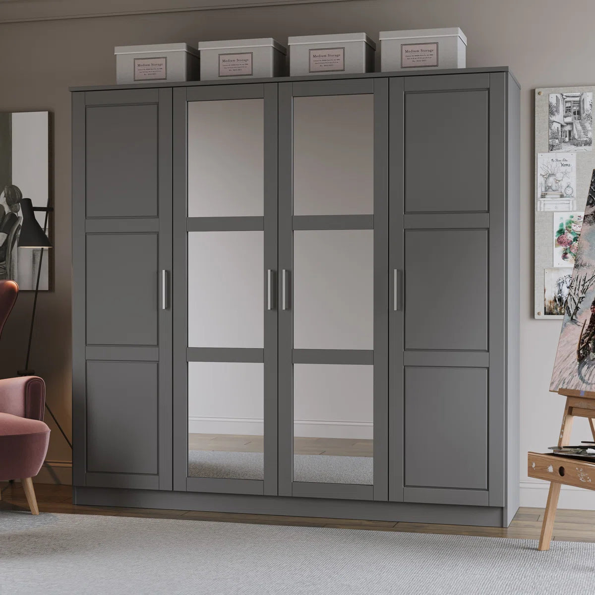 Cosmo 100% Solid Wood 4-door Wardrobe Armoire with Mirrored Doors