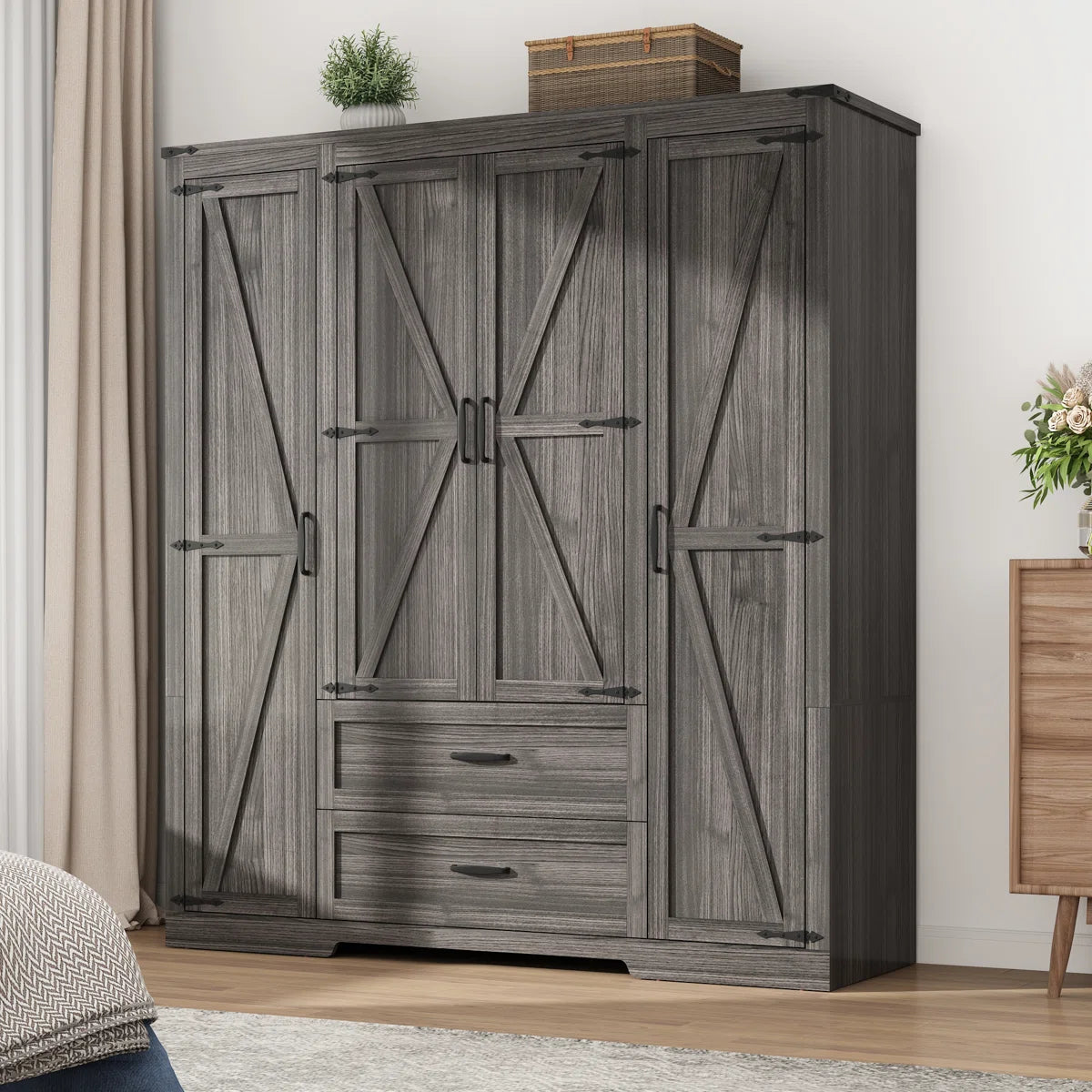 70.10" Farmhouse 4 Door Armoire Wardrobe With 2 Drawers, Hanging Rod And 2 Adjustable Shelves For Bedroom