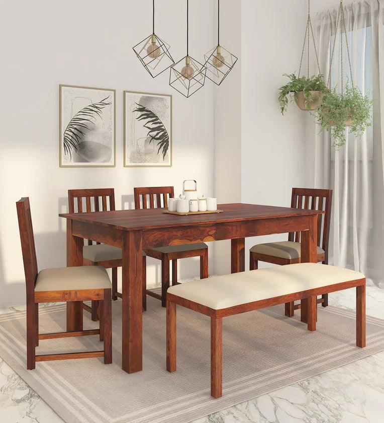 Sheesham Wood 6 Seater Dining Set In Honey Oak Finish With Bench - Ouch Cart 