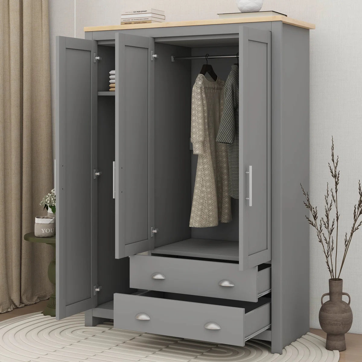 3 Doors Armoire Wardrobe Closet With 2 Drawers, 2 Hanging Rods And Shelves