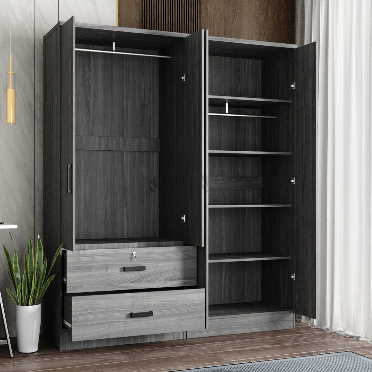 Double Wardrobe With 4 Slim Door And 2 Drawers!