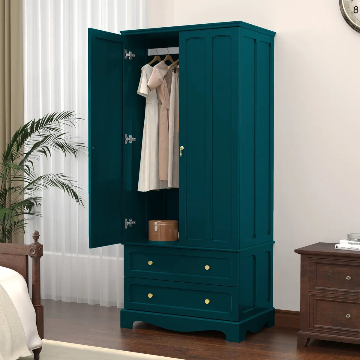 Freestanding Wooden Wardrobe Armoire with 2 Drawers