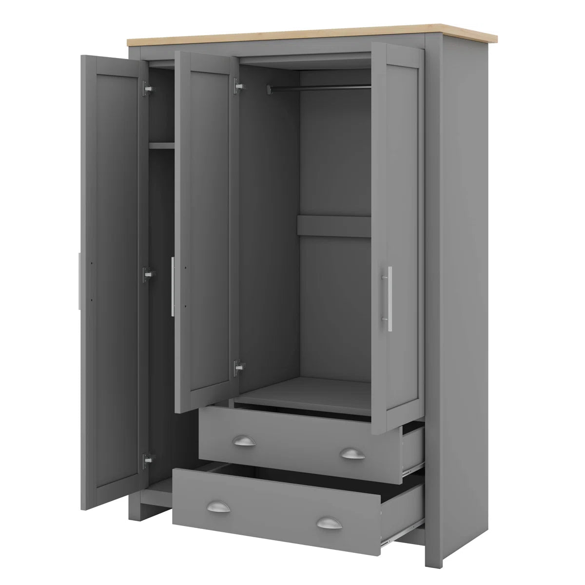3 Doors Armoire Wardrobe Closet With 2 Drawers, 2 Hanging Rods And Shelves