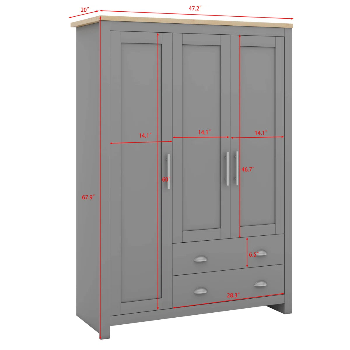 3 Doors Armoire Wardrobe Closet With 2 Drawers, 2 Hanging Rods And Shelves