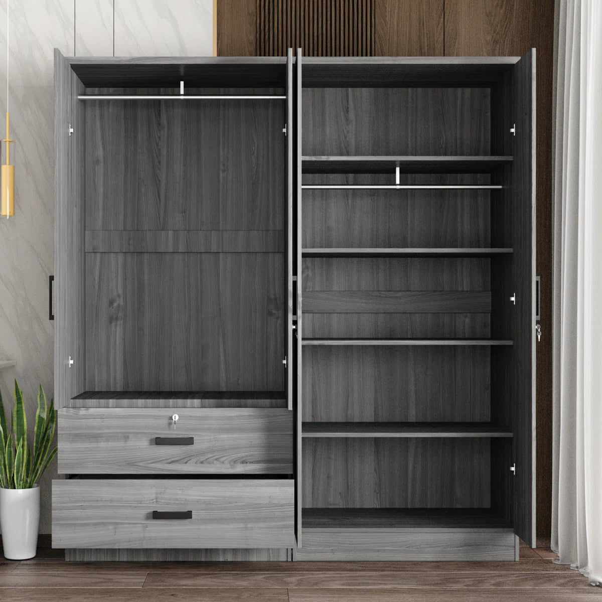 Double Wardrobe With 4 Slim Door And 2 Drawers!