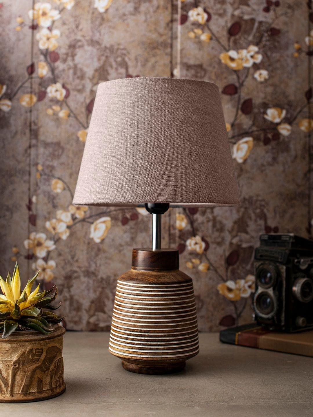 Rustic Ridged Wooden Lamp with Samre Brown Shade - Ouch Cart 