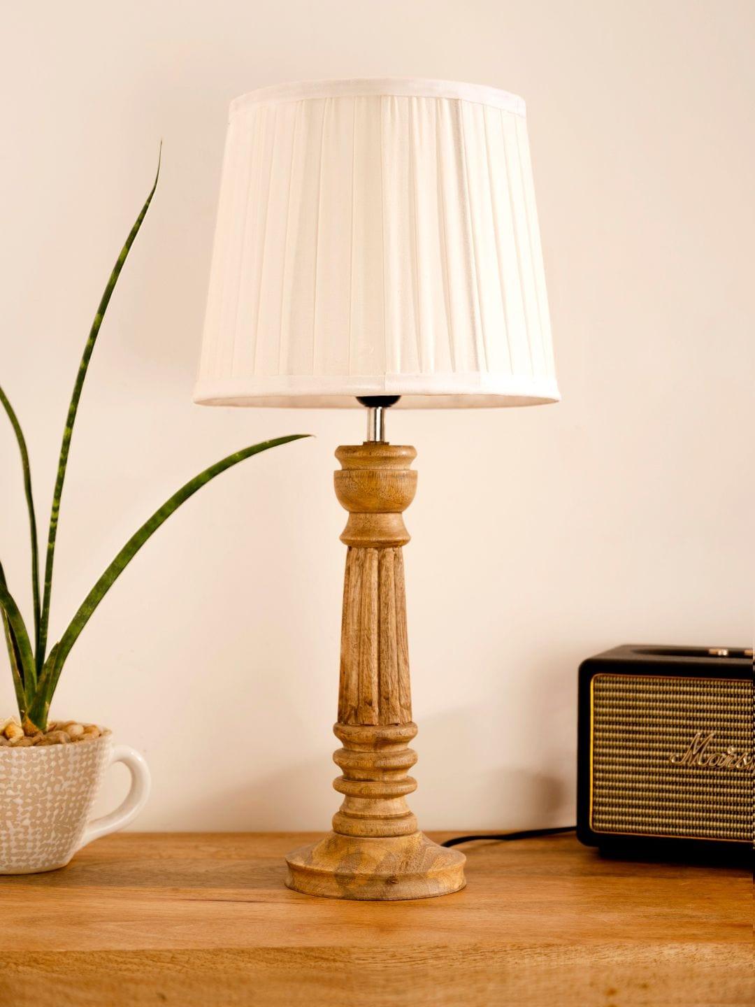 Wooden Pillar Brown lamp with pleeted White Soft Shade - Ouch Cart 