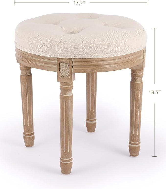 Vintage Round Brushed Wood Stool with Diamond Tufting, 18-Inch, Beige - Ouch Cart 