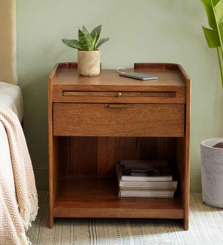 Solid Wood Night Stand With Drawer In Brown Colour - Ouch Cart 