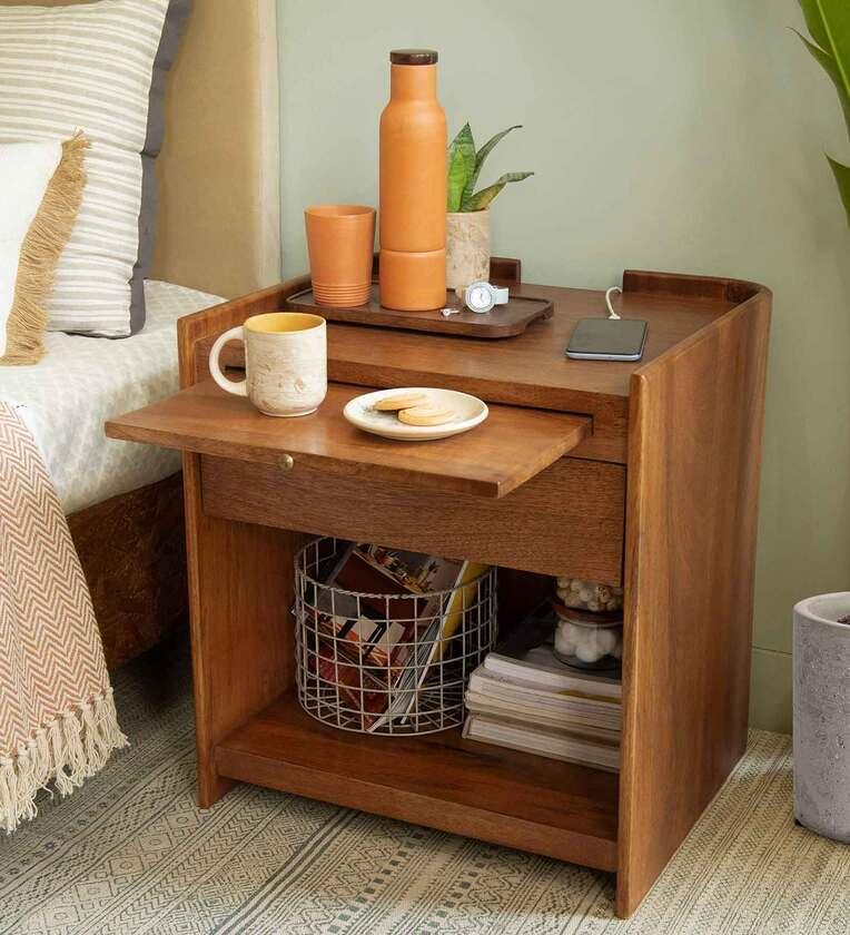 Solid Wood Night Stand With Drawer In Brown Colour - Ouch Cart 