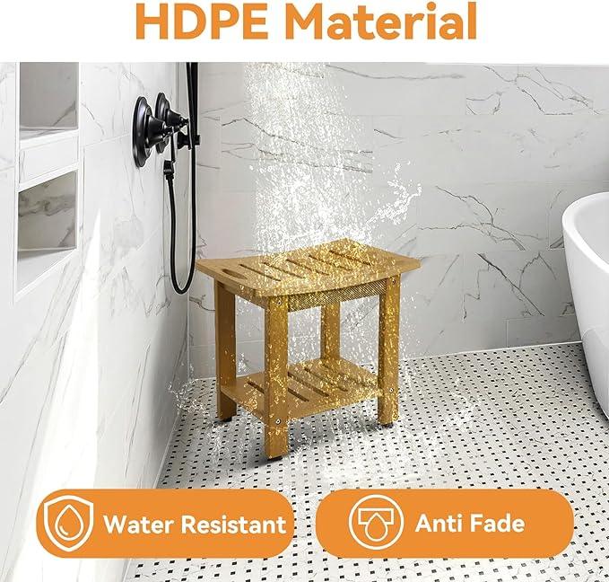 Shower Bench with Storage Shelf, 18 1/2" D ×12" W HDPE Shower Stool for Inside Shower, Waterproof and Anti-Fade Shower Chair, Non-Slip Shower Seat with Handle for Bathroom, Bright Brown - Ouch Cart 