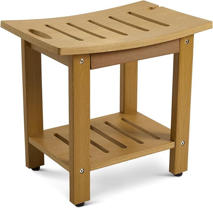 Shower Bench with Storage Shelf, 18 1/2" D ×12" W HDPE Shower Stool for Inside Shower, Waterproof and Anti-Fade Shower Chair, Non-Slip Shower Seat with Handle for Bathroom, Bright Brown - Ouch Cart 