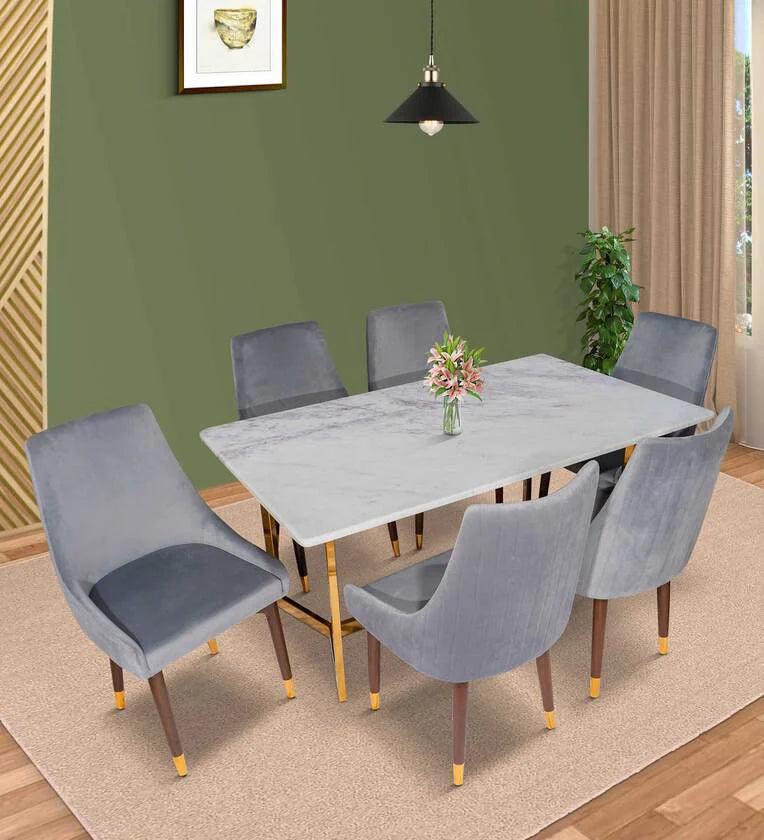 Mylo Marble 6 Seater Dining Set in Glossy Gold Finish - Ouch Cart 