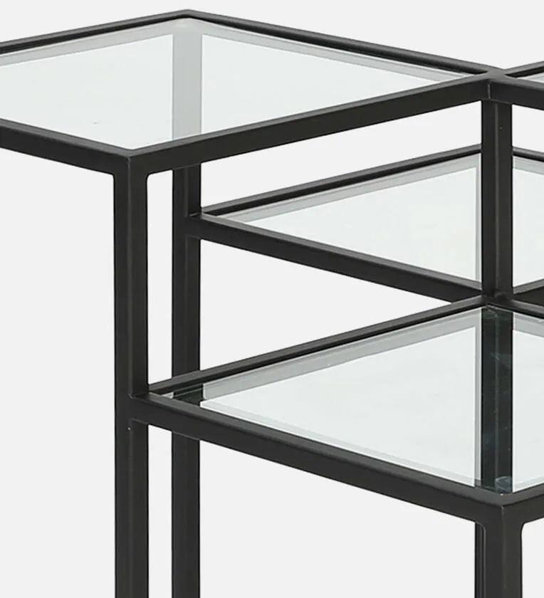 Square Metal Coffee Table In Black Colour With Glass Top - Ouch Cart 